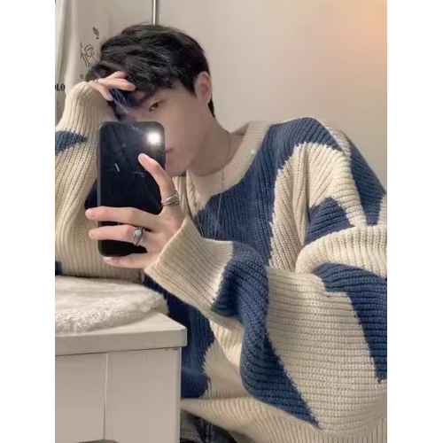 美式高街條紋撞色毛衣男冬季潮牌慵懶風寬松高級感痞帥內搭針織衫