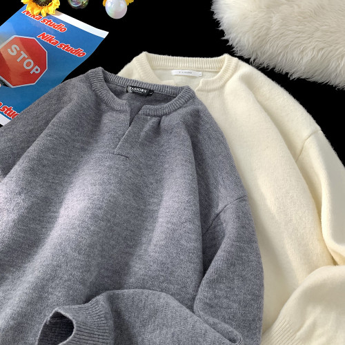 V37美式慵懶感V領打底衫毛衣男款秋季潮牌復古純色寬松針織套頭衫