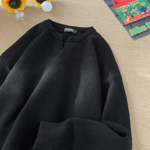 V37美式慵懶感V領打底衫毛衣男款秋季潮牌復古純色寬松針織套頭衫