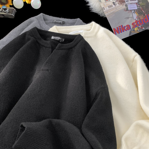 V37美式慵懶感V領打底衫毛衣男款秋季潮牌復古純色寬松針織套頭衫