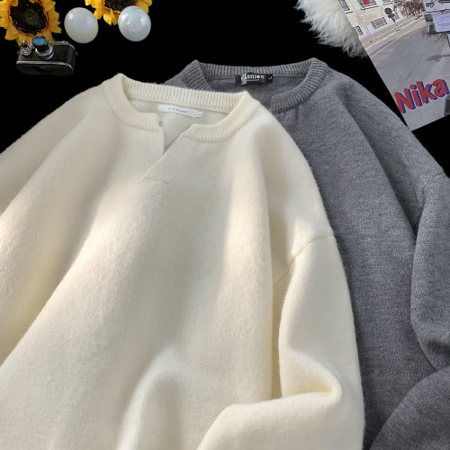 V37美式慵懶感V領打底衫毛衣男款秋季潮牌復古純色寬松針織套頭衫