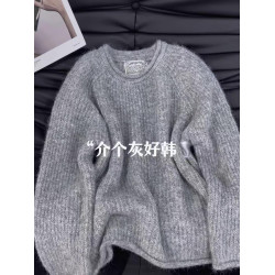 正版加厚！高級感圓領針織衫上衣女秋冬季寬松慵懶軟糯套頭毛衣女