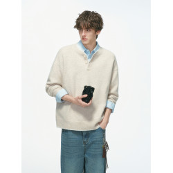 Dream made 手縫線亨利領羊毛混紡毛衣男秋冬季內搭老錢風針織衫