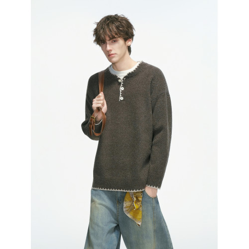 Dream made 手縫線亨利領羊毛混紡毛衣男秋冬季內搭老錢風針織衫 Dream made 手縫線亨利領羊毛混紡毛衣男秋冬季內搭老錢風針織衫