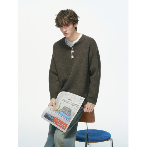 Dream made 手縫線亨利領羊毛混紡毛衣男秋冬季內搭老錢風針織衫 Dream made 手縫線亨利領羊毛混紡毛衣男秋冬季內搭老錢風針織衫