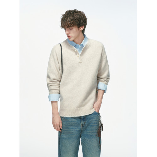 Dream made 手縫線亨利領羊毛混紡毛衣男秋冬季內搭老錢風針織衫 Dream made 手縫線亨利領羊毛混紡毛衣男秋冬季內搭老錢風針織衫