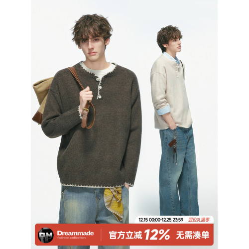 Dream made 手縫線亨利領羊毛混紡毛衣男秋冬季內搭老錢風針織衫 Dream made 手縫線亨利領羊毛混紡毛衣男秋冬季內搭老錢風針織衫