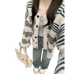 慵懶風高級感條紋毛衣外套女冬2025新款秋裝韓系穿搭針織開衫上衣