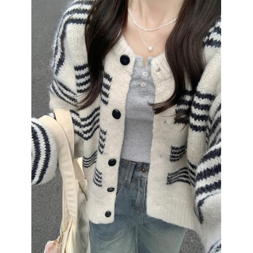 慵懶風高級感條紋毛衣外套女冬2025新款秋裝韓系穿搭針織開衫上衣