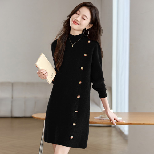 配大衣加厚毛衣女秋冬2025新款中長款打底衫內搭遮屁股針織連衣裙