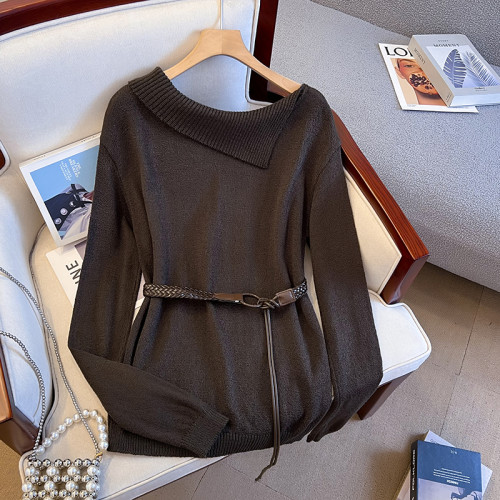 斜肩翻領針織毛衣女秋冬2025新款設計感寬松顯瘦套頭內搭長袖上衣