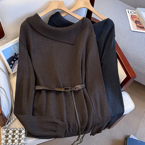 斜肩翻領針織毛衣女秋冬2025新款設計感寬松顯瘦套頭內搭長袖上衣