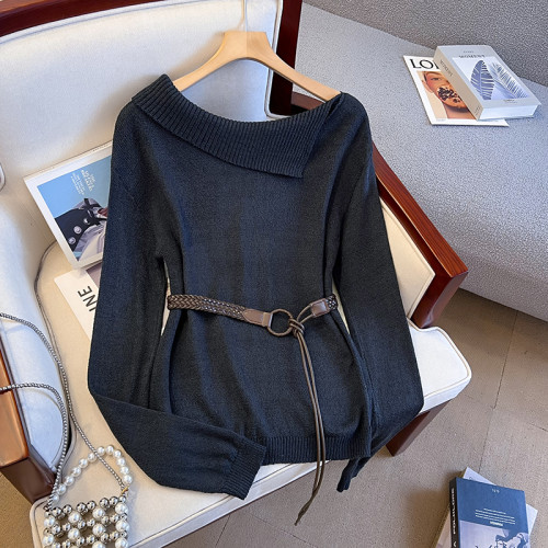 斜肩翻領針織毛衣女秋冬2025新款設計感寬松顯瘦套頭內搭長袖上衣