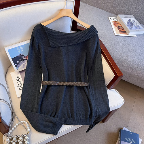 斜肩翻領針織毛衣女秋冬2025新款設計感寬松顯瘦套頭內搭長袖上衣