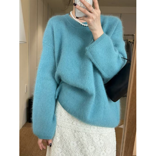 法式高級感灰色馬海毛毛衣女秋冬軟糯寬松慵懶風針織衫水貂絨上衣