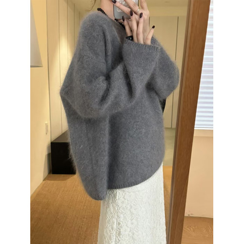 法式高級感灰色馬海毛毛衣女秋冬軟糯寬松慵懶風針織衫水貂絨上衣