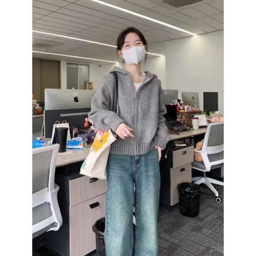 灰色連帽帶帽雙拉鍊毛衣外套女秋冬帽衫加厚外搭短款針織開衫