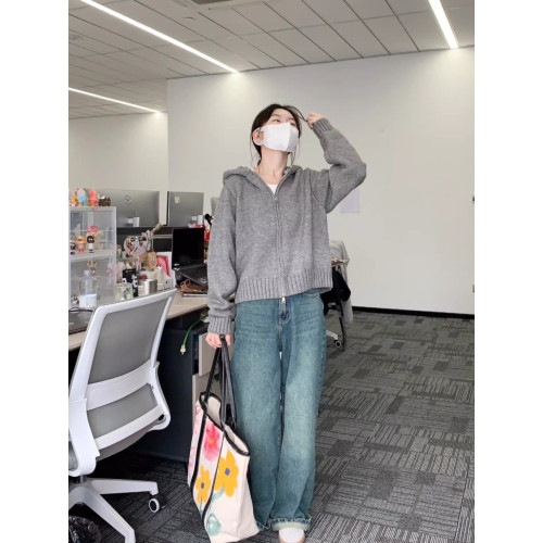 灰色連帽帶帽雙拉鍊毛衣外套女秋冬帽衫加厚外搭短款針織開衫