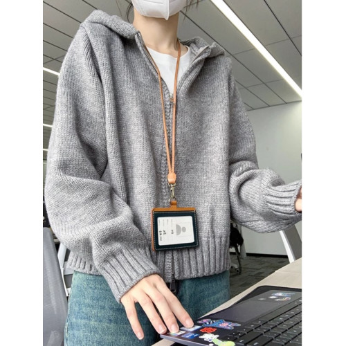 灰色連帽帶帽雙拉鍊毛衣外套女秋冬帽衫加厚外搭短款針織開衫