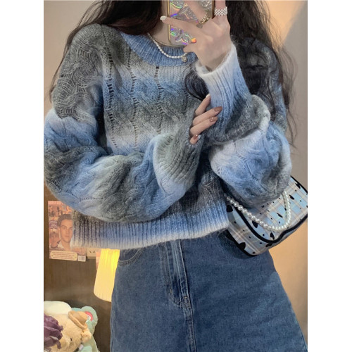 漸變色設計高級感麻花毛衣女秋冬寬鬆慵嬾風短款復古日系針織上衣