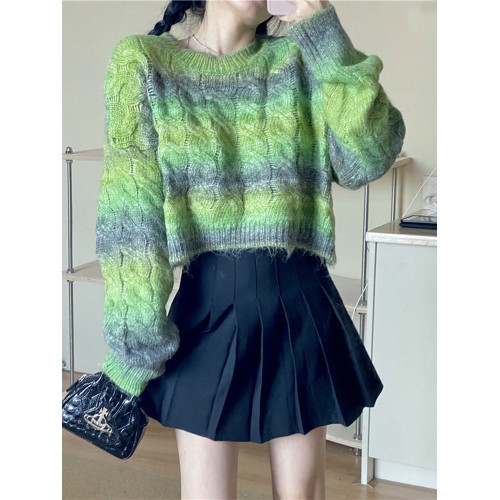 漸變色設計高級感麻花毛衣女秋冬寬鬆慵嬾風短款復古日系針織上衣