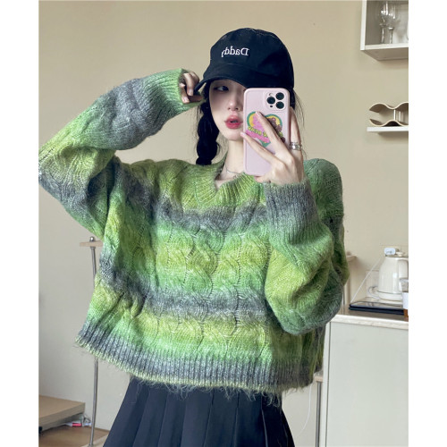 漸變色設計高級感麻花毛衣女秋冬寬鬆慵嬾風短款復古日系針織上衣