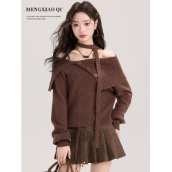 矇小柒美拉德復古咖色針織衫女裝早秋冬一字肩領氣質毛衣內搭上衣