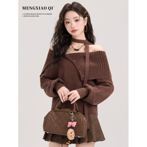 矇小柒美拉德復古咖色針織衫女裝早秋冬一字肩領氣質毛衣內搭上衣