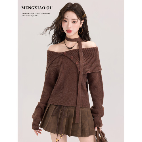 矇小柒美拉德復古咖色針織衫女裝早秋冬一字肩領氣質毛衣內搭上衣