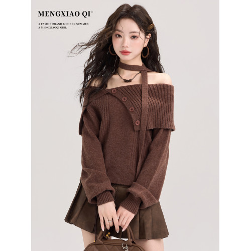 矇小柒美拉德復古咖色針織衫女裝早秋冬一字肩領氣質毛衣內搭上衣