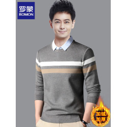 羅矇男士加絨加厚假兩件襯衫領毛衣2025秋冬時尚翻領針織衫上衣服
