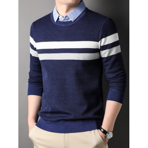 羅矇男士加絨加厚假兩件襯衫領毛衣2025秋冬時尚翻領針織衫上衣服