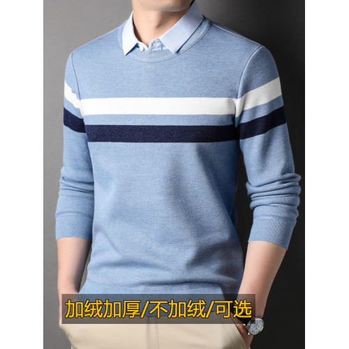 羅矇男士加絨加厚假兩件襯衫領毛衣2025秋冬時尚翻領針織衫上衣服