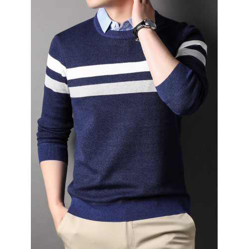 羅矇男士加絨加厚假兩件襯衫領毛衣2025秋冬時尚翻領針織衫上衣服