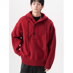 美式潮牌紅色連帽毛衣男加厚秋冬潮牌高級感休閒寬松慵懶風針織衫