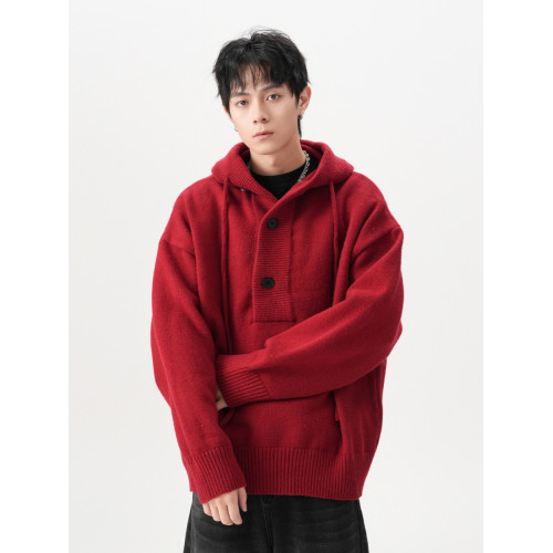 美式潮牌紅色連帽毛衣男加厚秋冬潮牌高級感休閒寬松慵懶風針織衫 美式潮牌紅色連帽毛衣男加厚秋冬潮牌高級感休閒寬松慵懶風針織衫
