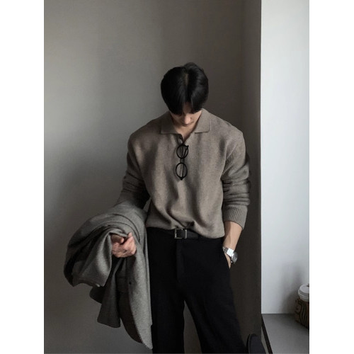 韓國東大門高級感痞帥polo領毛衣男秋冬季翻領慵懶風針織衫外套潮 韓國東大門高級感痞帥polo領毛衣男秋冬季翻領慵懶風針織衫外套潮