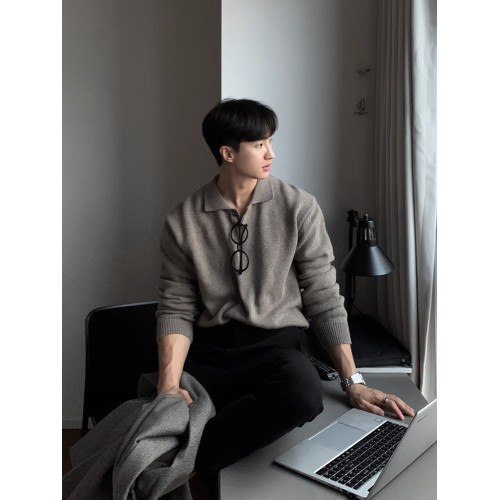 韓國東大門高級感痞帥polo領毛衣男秋冬季翻領慵懶風針織衫外套潮 韓國東大門高級感痞帥polo領毛衣男秋冬季翻領慵懶風針織衫外套潮