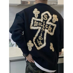 韓國買手貨高級高街十字架塗鴉毛衣男女款復古小衆嘻哈情侶針織衫