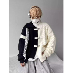 小衆設計感不規則撞色拼接毛衣男女同款寬松解搆金屬針織開衫外套