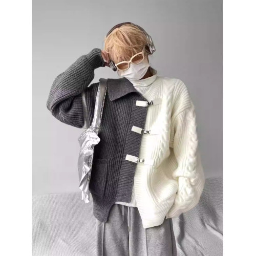 小衆設計感不規則撞色拼接毛衣男女同款寬松解搆金屬針織開衫外套 小衆設計感不規則撞色拼接毛衣男女同款寬松解搆金屬針織開衫外套