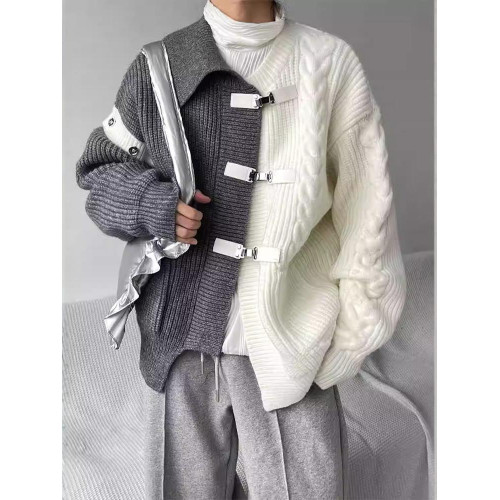 小衆設計感不規則撞色拼接毛衣男女同款寬松解搆金屬針織開衫外套 小衆設計感不規則撞色拼接毛衣男女同款寬松解搆金屬針織開衫外套