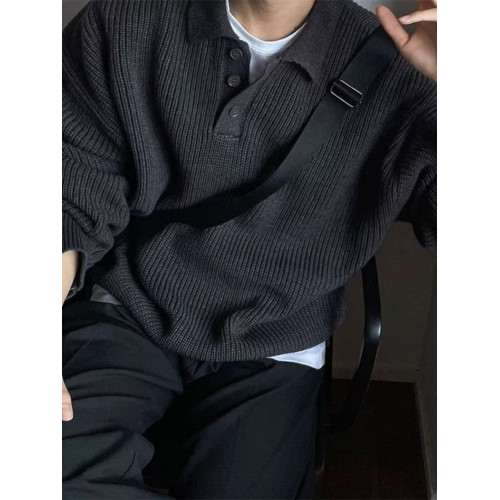 日系慵懶風polo領毛衣衛衣男美式復古打底加厚高級感套頭針織衫秋