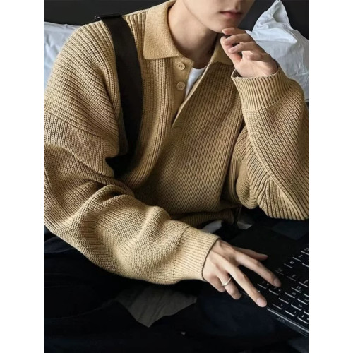 日系慵懶風polo領毛衣衛衣男美式復古打底加厚高級感套頭針織衫秋