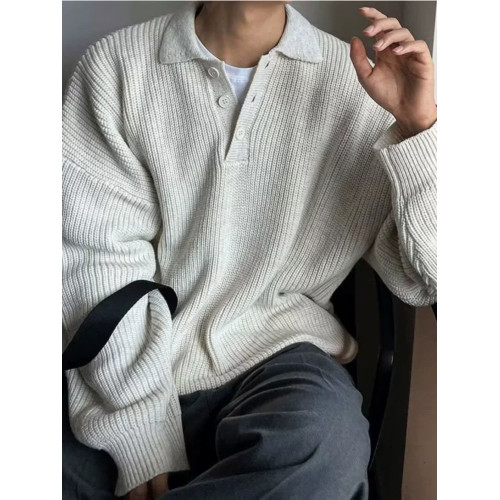 日系慵懶風polo領毛衣衛衣男美式復古打底加厚高級感套頭針織衫秋