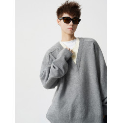 老錢風假兩件V領針織衫男冬潮牌慵懶風內搭毛衣高街百搭情侶上衣