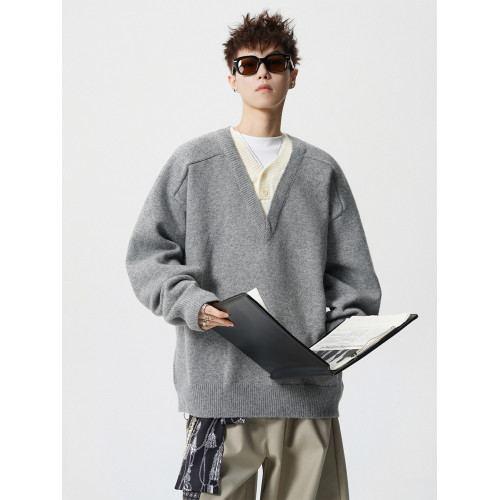 老錢風假兩件V領針織衫男冬潮牌慵懶風內搭毛衣高街百搭情侶上衣