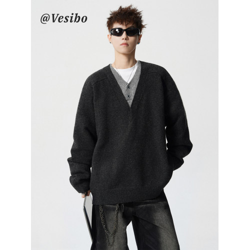 老錢風假兩件V領針織衫男冬潮牌慵懶風內搭毛衣高街百搭情侶上衣