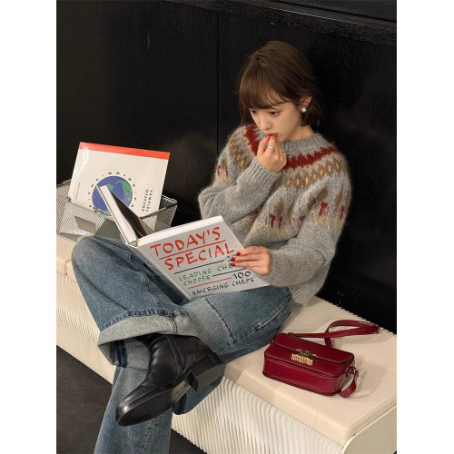 北歐風費爾島復古藍色提花毛衣女秋冬寬松慵懶針織外穿浣熊絨上衣