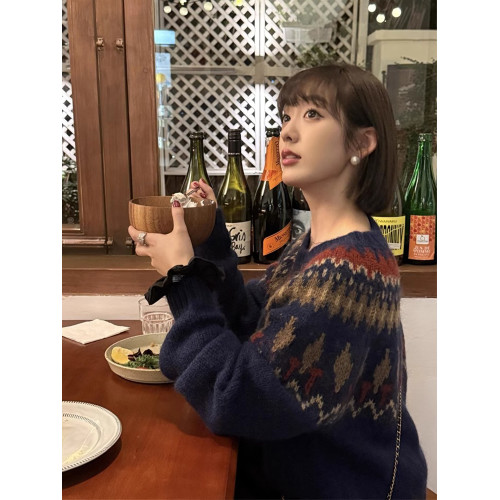 北歐風費爾島復古藍色提花毛衣女秋冬寬松慵懶針織外穿浣熊絨上衣